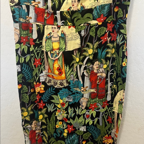 Grace Karin Black multi Printed art pencil Dress Frida Retro 50's Tropical 2XL - Picture 4 of 7